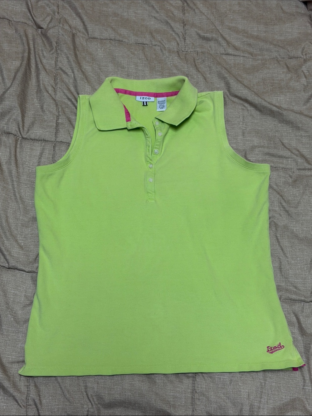 Izod Bright Lime Green Sleeveless Polo Pink Accents Small